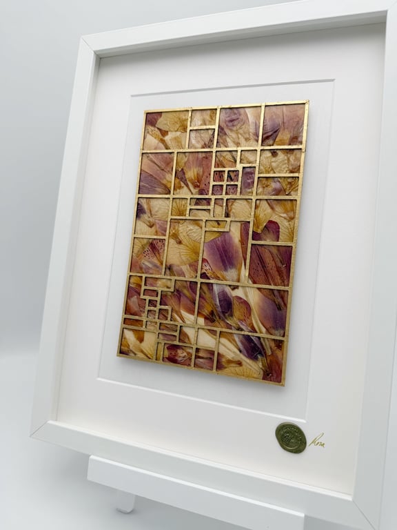 Stourhead Garden original geometric pressed flower art with gold leaf grid