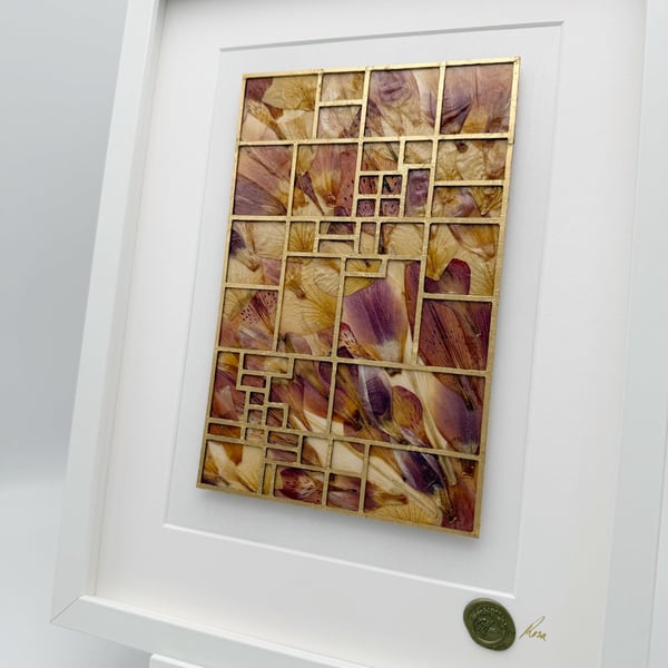 Stourhead Garden original geometric pressed flower art with gold leaf grid