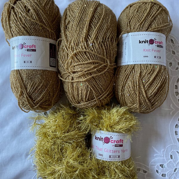 Gold Sparkle Yarn Bundle Job Lot Knit Craft Knit Fever DK Gold Chunky Glitter