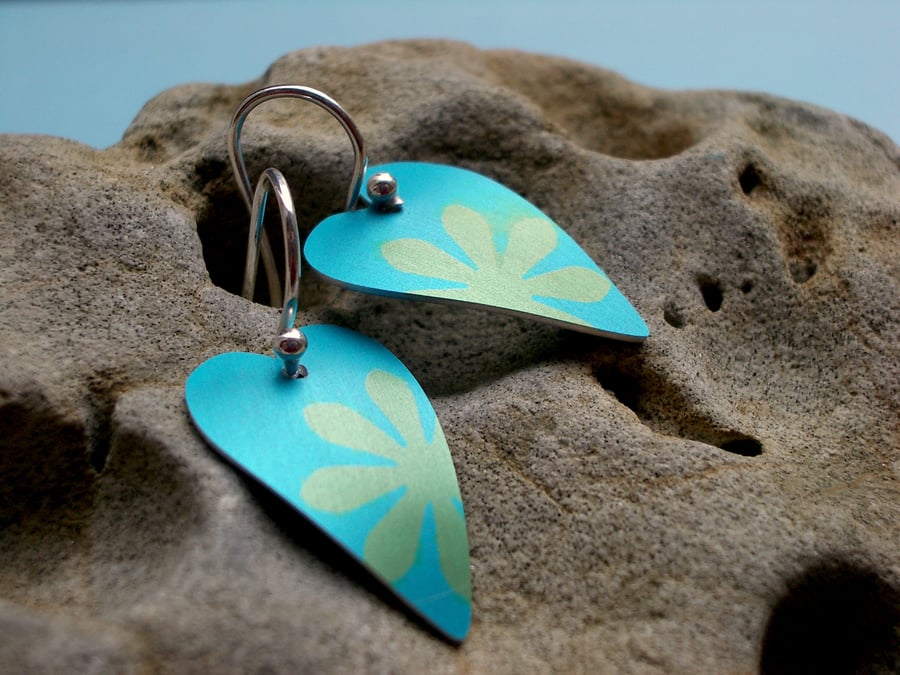 Heart earrings in turquoise and lime green with flower print