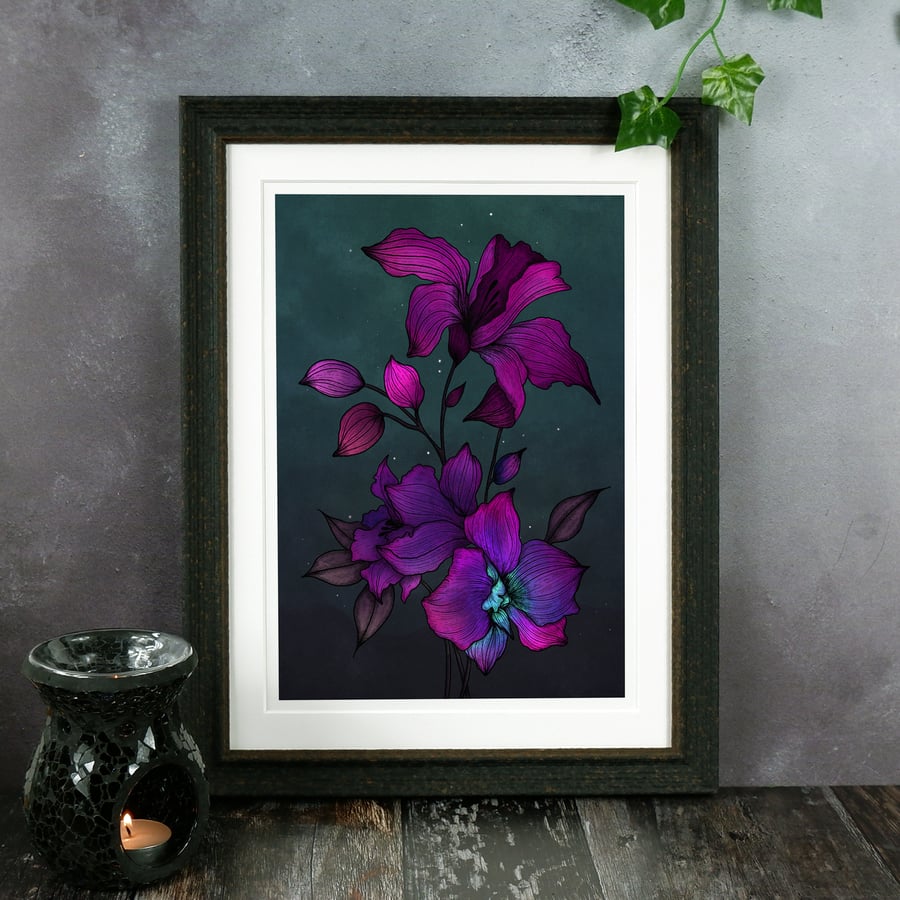 Purple Orchids Giclée Art Print, Orchid Illustration, Botanical Wall Art