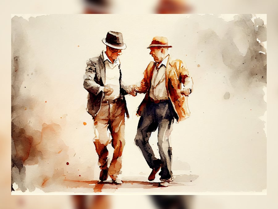Two Old Men Dancing, Watercolor Painting Print, Joyful Movement 5"x7"