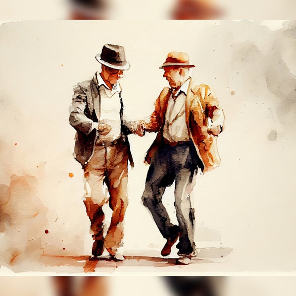 Two Old Men Dancing, Watercolor Painting Print, Joyful Movement 5"x7"