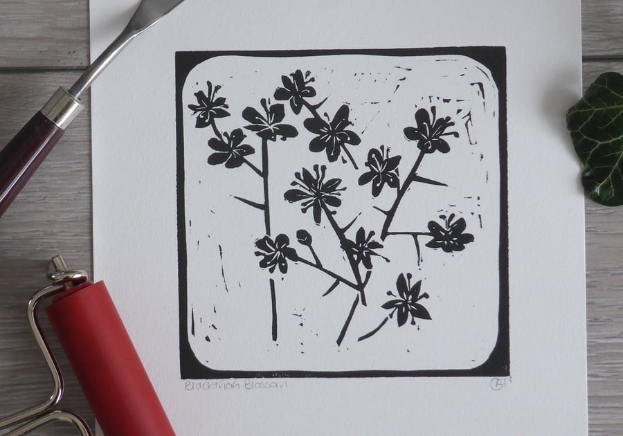 Original lino cut print of Blackthorn Blossom flower