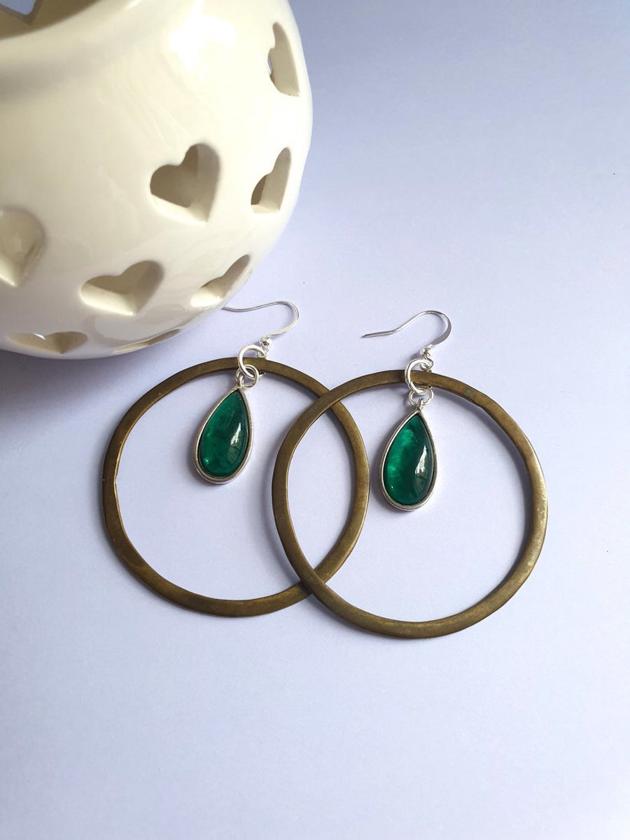 Bronze Tone Hoop and Green Gem Stone Earrings Clip on or Nickel Free Wires