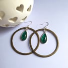 Bronze Tone Hoop and Green Gem Stone Earrings Clip on or Nickel Free Wires