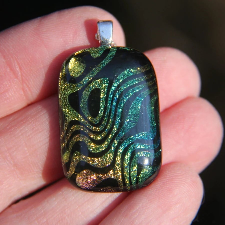 Gold and blue contours dichroic glass pendant, fused glass necklace SKU F43