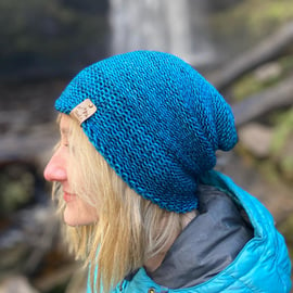 Merino Wool Slouchy Style beanie hat in Kingfisher Blue (unisex)