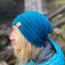 Merino Wool Slouchy Style beanie hat in Kingfisher Blue (unisex)