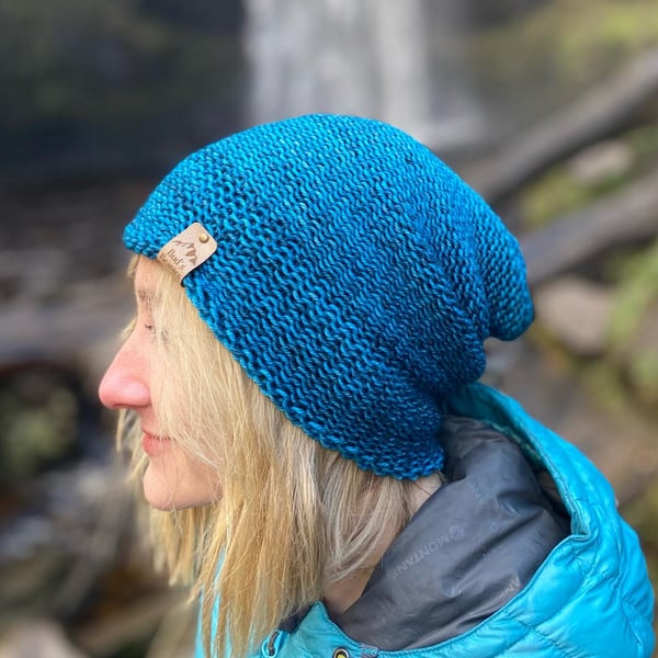 Merino Wool Slouchy Style beanie hat in Kingfisher Blue (unisex)