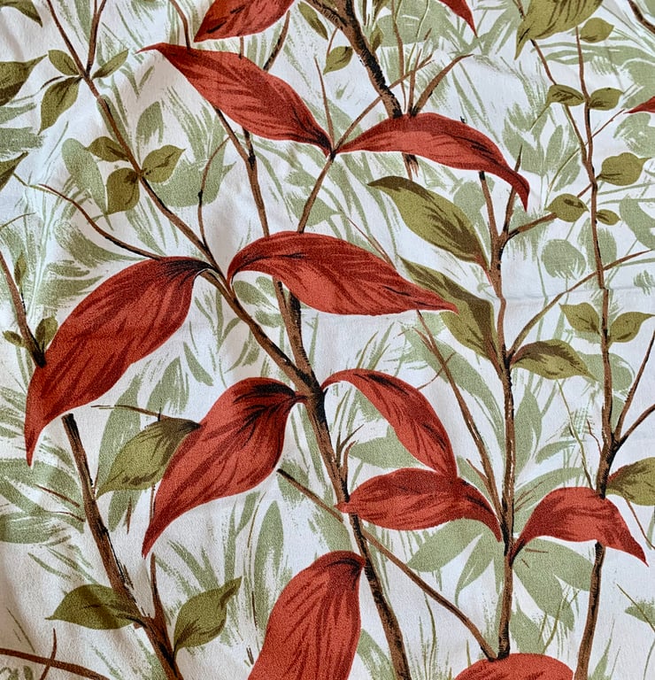 MidCentury Retro Red Green Leaf 50s 60s Vintage Fabric DIY Cushion