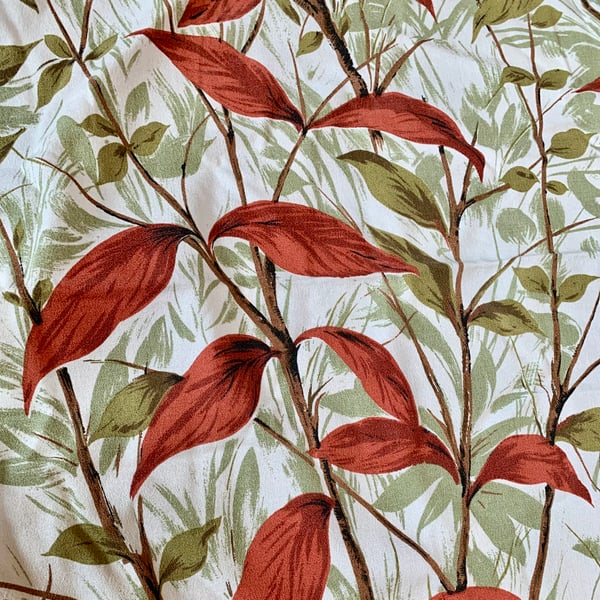 MidCentury Retro Red Green Leaf 50s 60s Vintage Fabric DIY Cushion