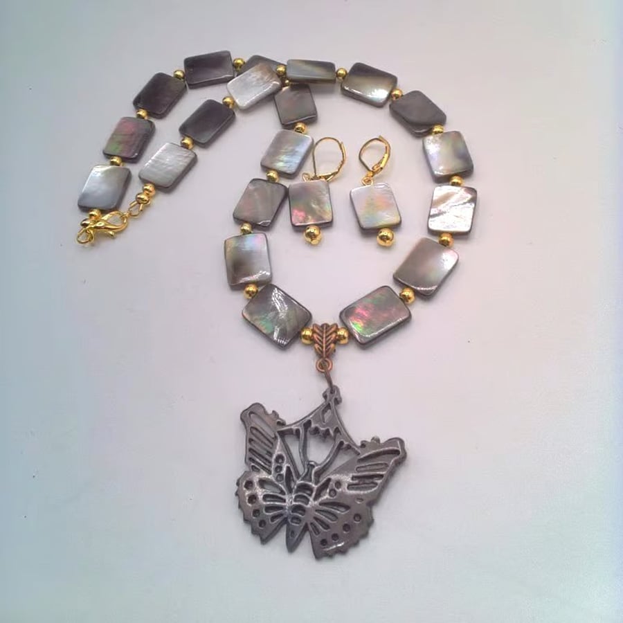 Necklace with Shell Rectangles Gold Beads and a Butterfly Pendant and Earrings