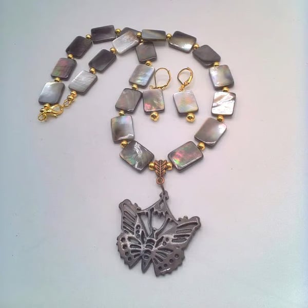 Necklace with Shell Rectangles Gold Beads and a Butterfly Pendant and Earrings
