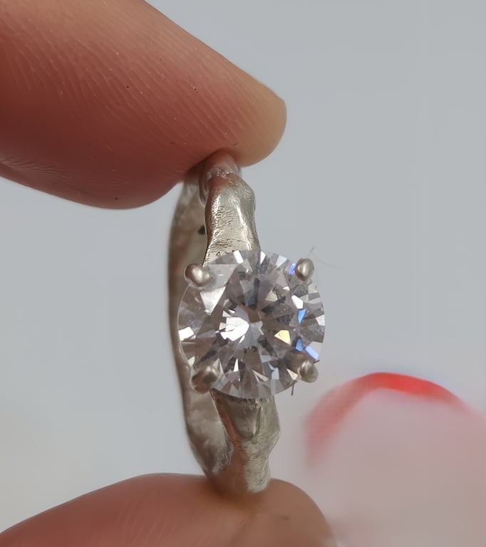 Rustic Textured Silver Ring with White Cubic Zirconia : Size J