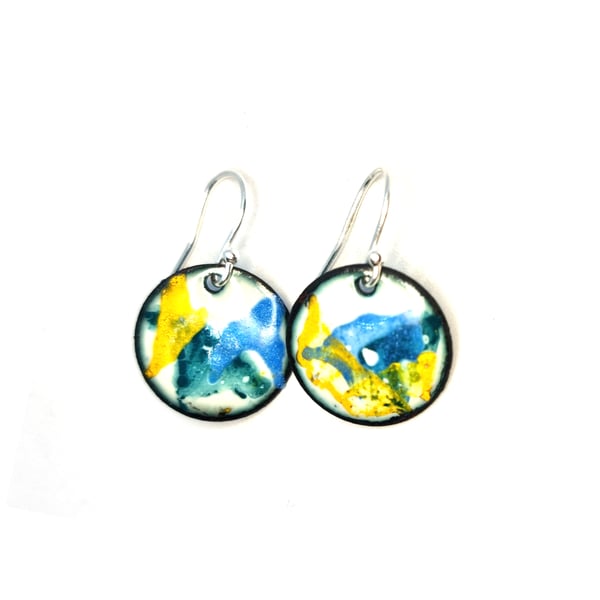 Abstract Colour round drop earrings - jade green, light blue and yellow.