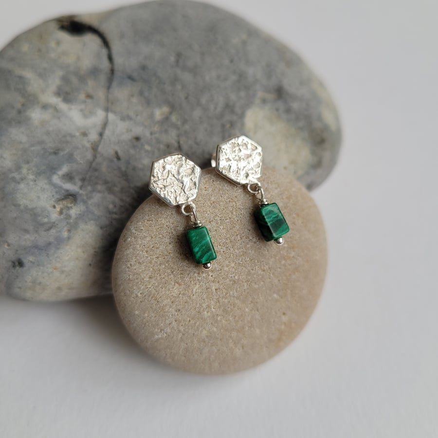 Sterling Silver Hexagon Earrings with Malachite, Modern Earrings