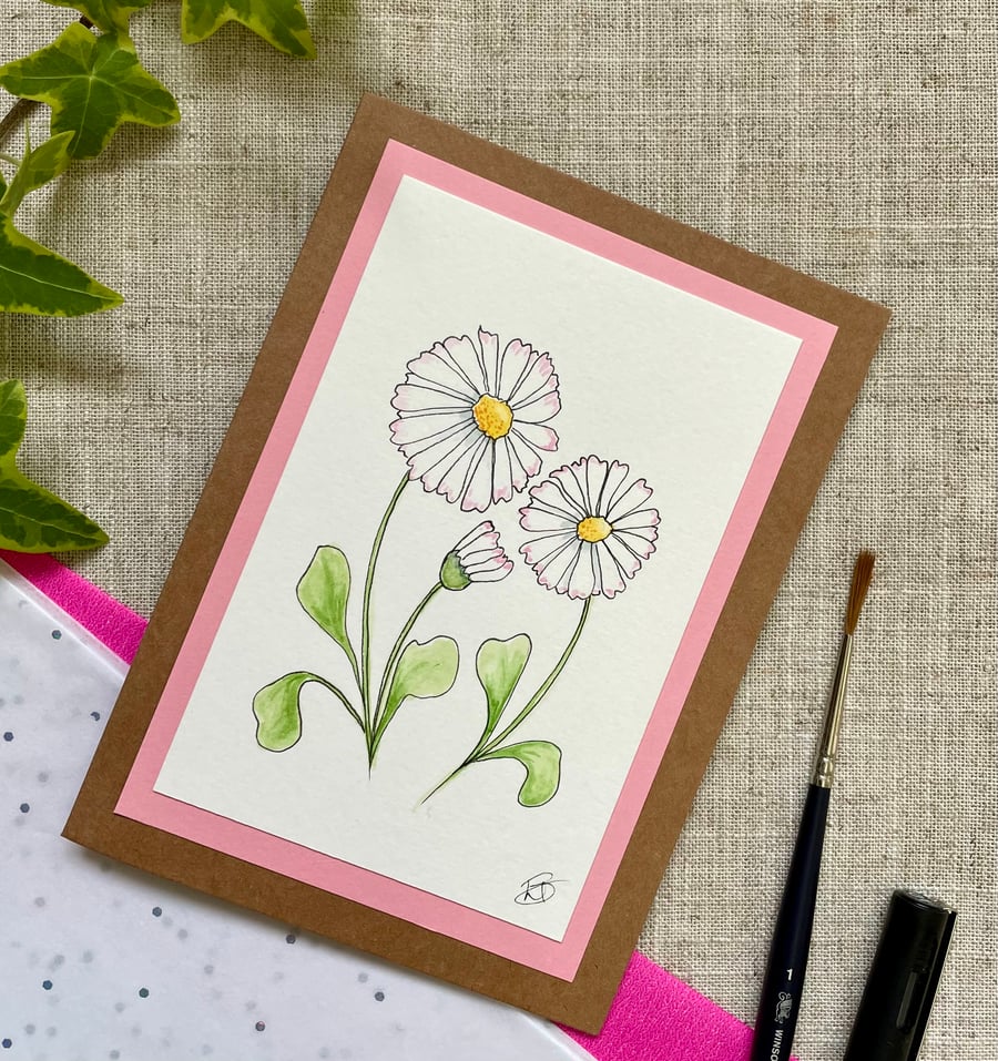 Blank greeting card, daisy flowers hand painted, original artwork. 