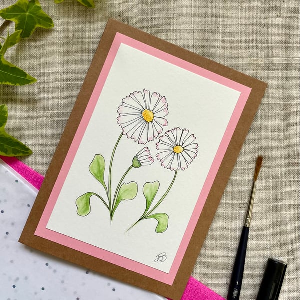 Blank greeting card, daisy flowers hand painted, original artwork. 