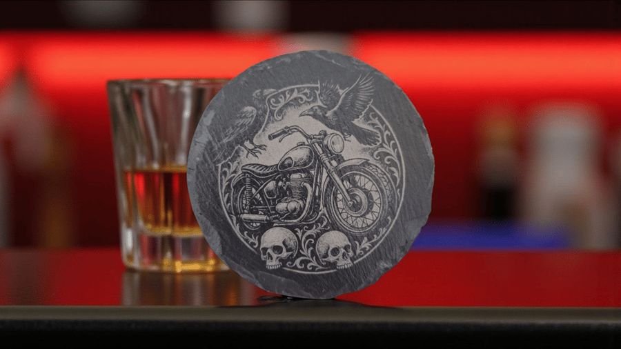 Gothic Motorbike Slate Coaster – Biker Gift with Skull & Raven Design