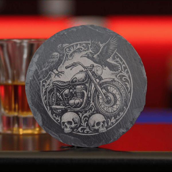 Gothic Motorbike Slate Coaster – Biker Gift with Skull & Raven Design