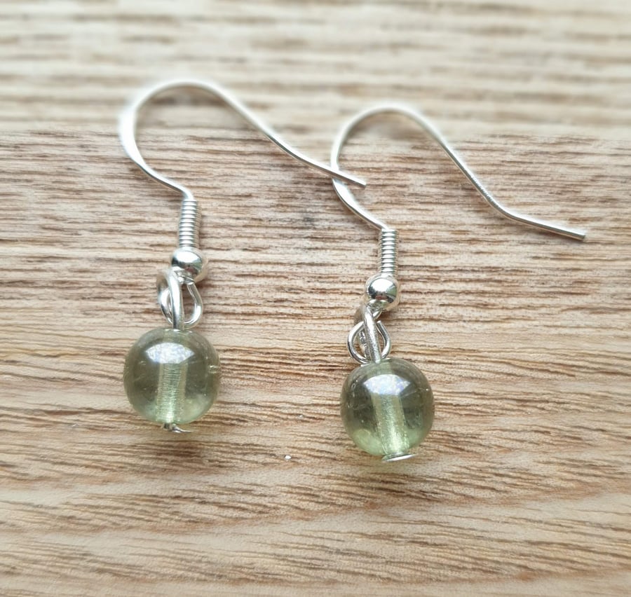 Green Recycled Glass Bubble Bead Earrings on 925 Silver-Plated Ear Wires 