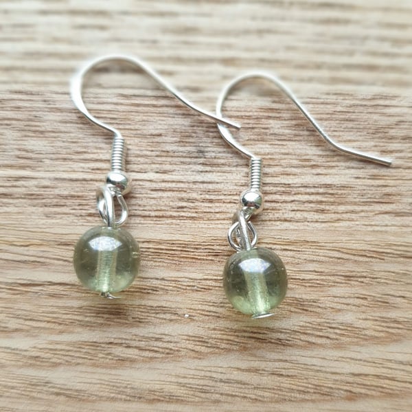 Green Recycled Glass Bubble Bead Earrings on Silver Ear Wires 