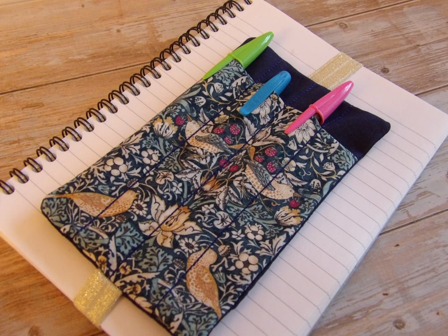 William Morris fabric pen holder bookmark elasticated A5 notebook size