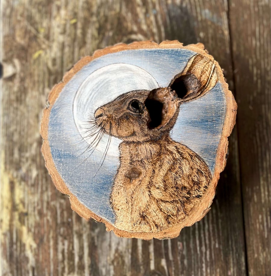 Buck Moon - Moon-Gazing Hare, Original, Wood-Burned Wall Art, Wiccan, Spiritual