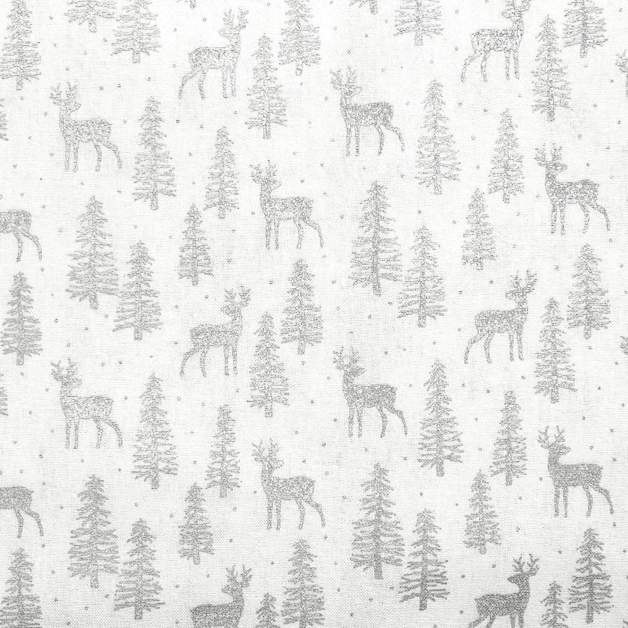 Christmas Fabric Silver Reindeer & Trees on White Cotton Craft Fabric - 1 Metre
