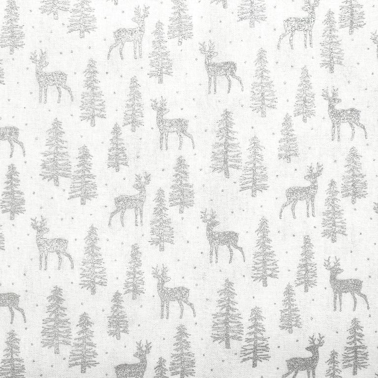 Christmas Fabric Silver Reindeer & Trees on White Cotton Craft Fabric - 1 Metre