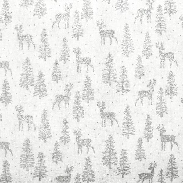 Christmas Fabric Silver Reindeer & Trees on White Cotton Craft Fabric - 1 Metre