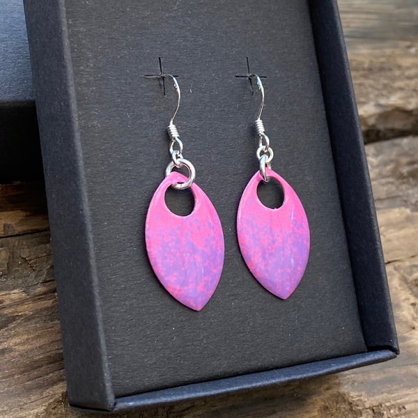 Pink and purple mix enamel scale earrings. Sterling silver. 