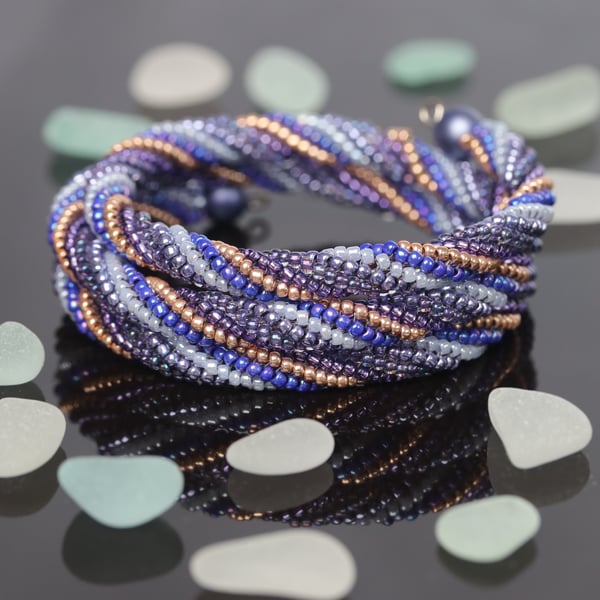 Herringbone Wrap Beaded Bracelet in Purple, Blue and Gold