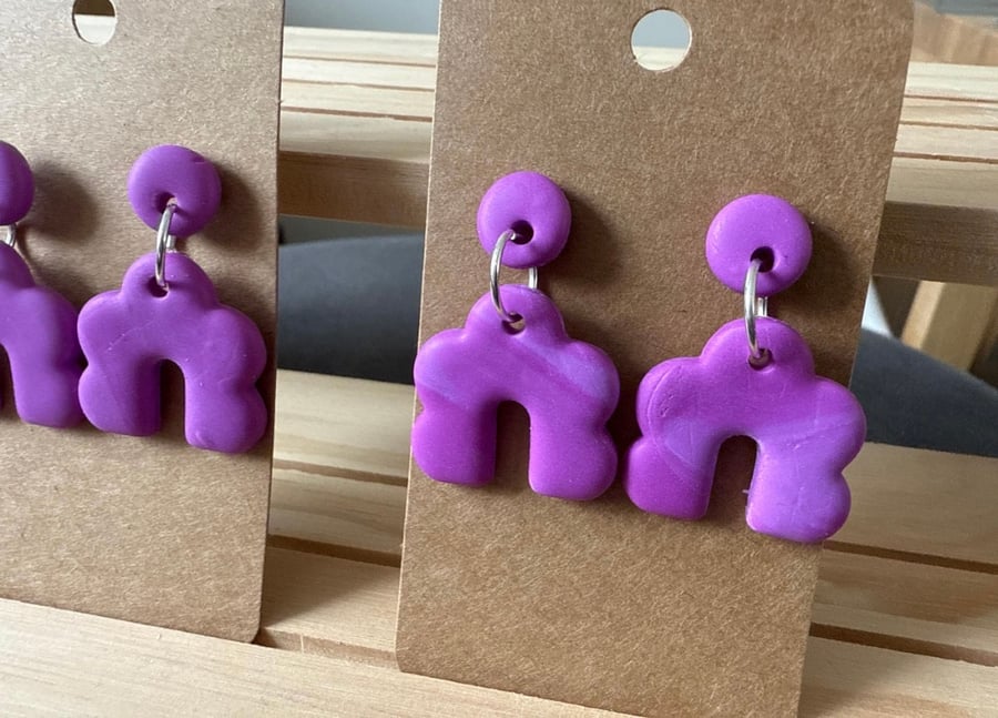 Handmade polymer clay large purple scalloped circle dangly earrings