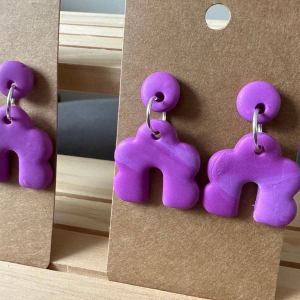 Handmade polymer clay large purple scalloped circle dangly earrings