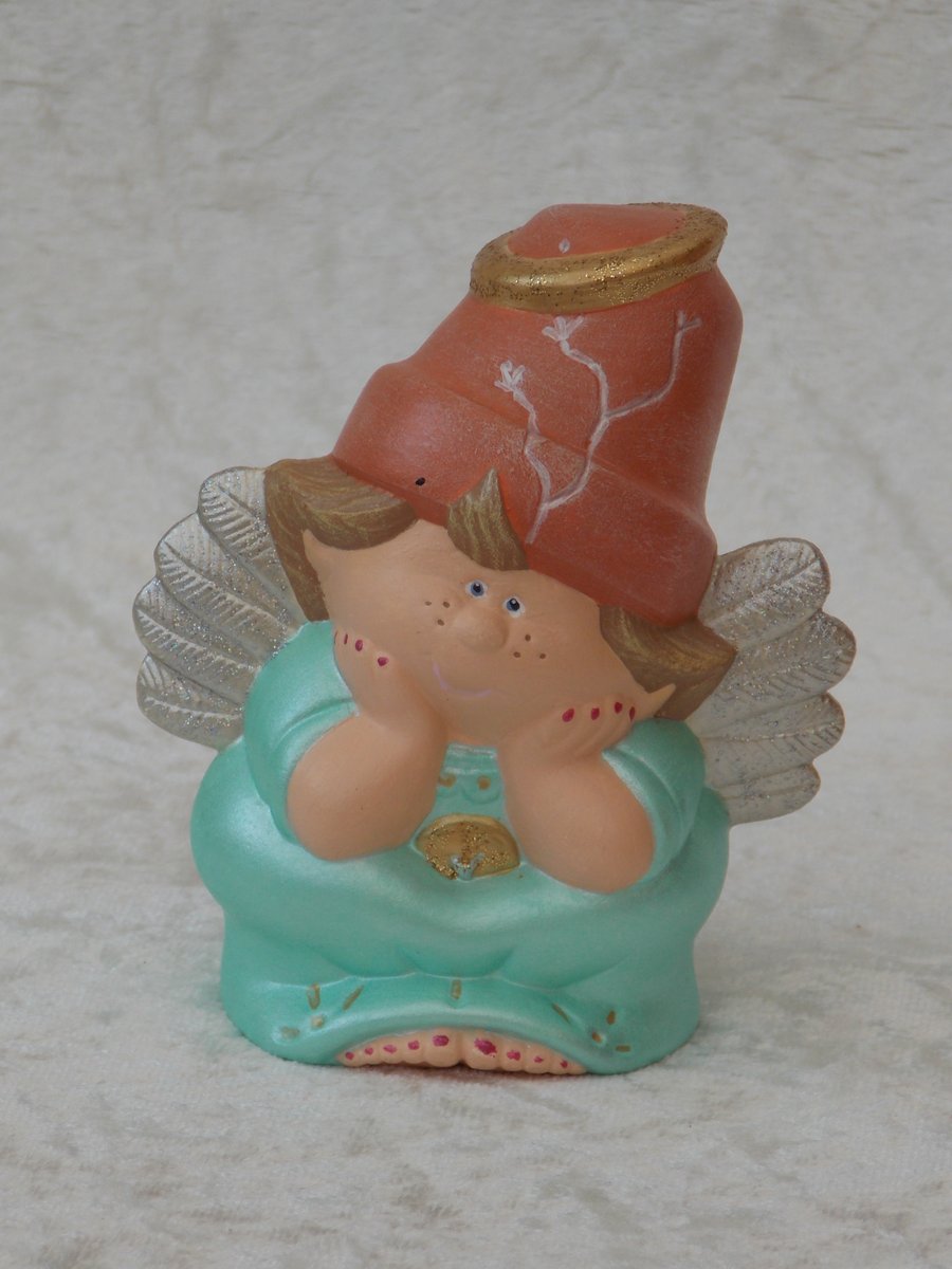 Ceramic Hand Painted Green Crackpot Angel Christmas Figurine Ornament Decoration