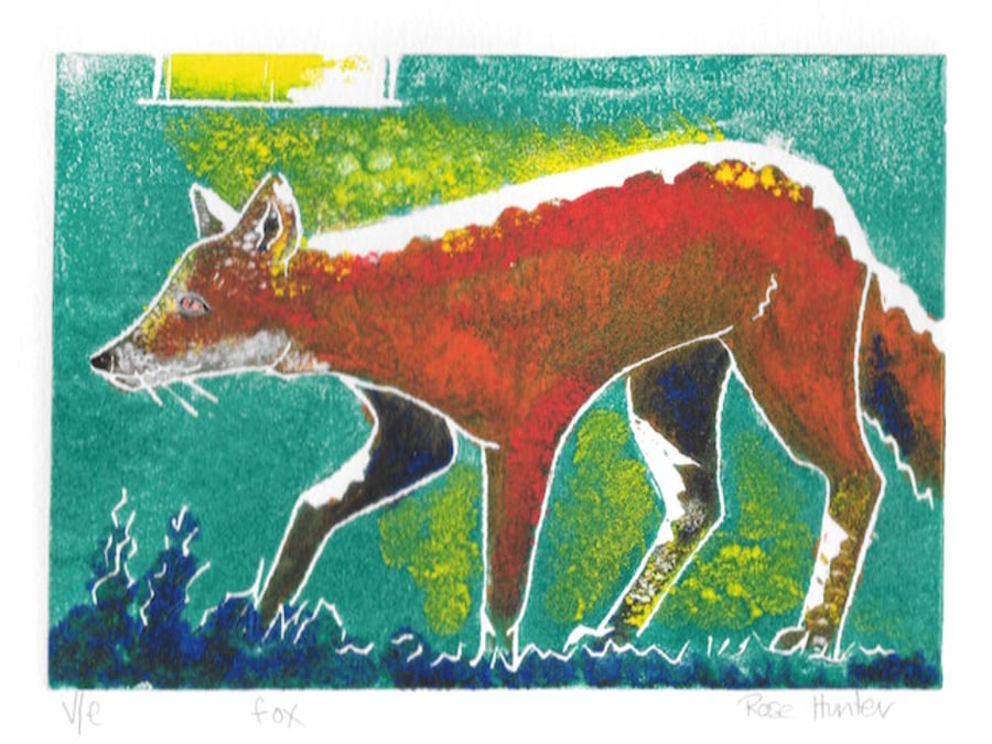 Fox - original hand painted lino print raising money for charity 003