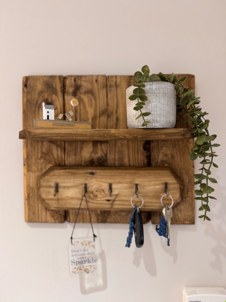 Handmade Reclaimed Pallet Wood Shelf with Hooks - Wall Mounted - Hallway Storage