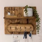 Handmade Reclaimed Pallet Wood Shelf with Hooks - Wall Mounted - Hallway Storage
