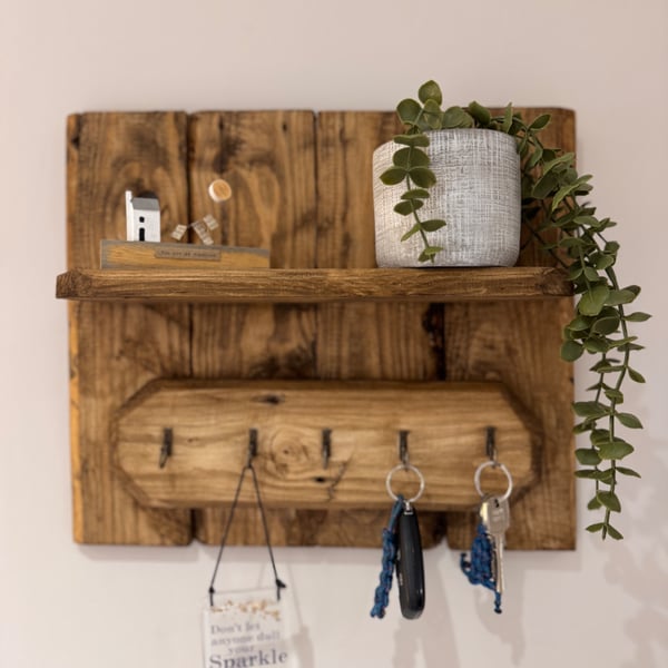 Handmade Reclaimed Pallet Wood Shelf with Hooks - Wall Mounted - Hallway Storage