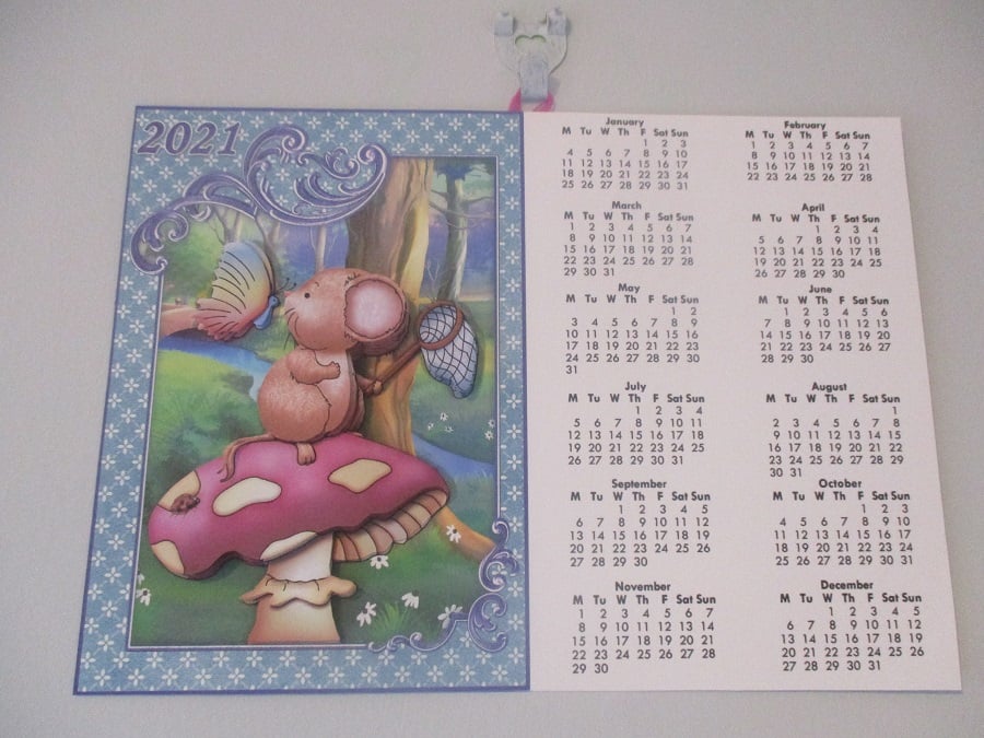 Handmade  2021 Wall Calendar, Cute Mouse on Mushroom,Decoupage,3D