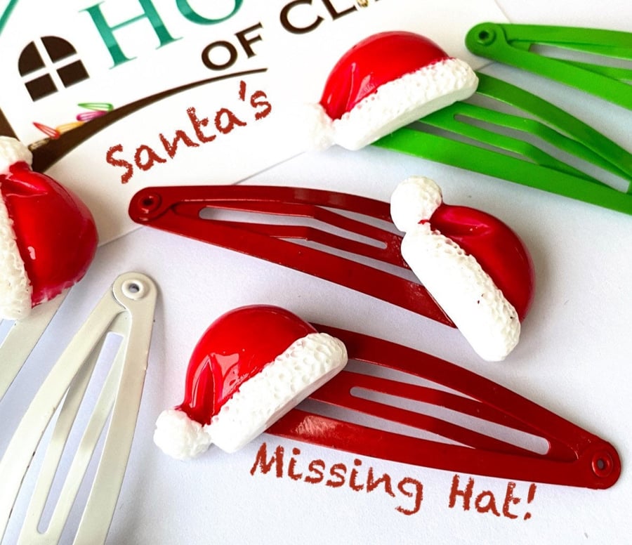 Santa s Missing Hat Hair Clips x2 - Father Christmas Non Slip Barrettes - Father