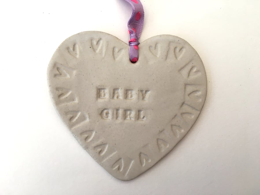 Hand made 'Baby Girl' Loveheart hanger, ceramic lovehearts, gift idea, pottery