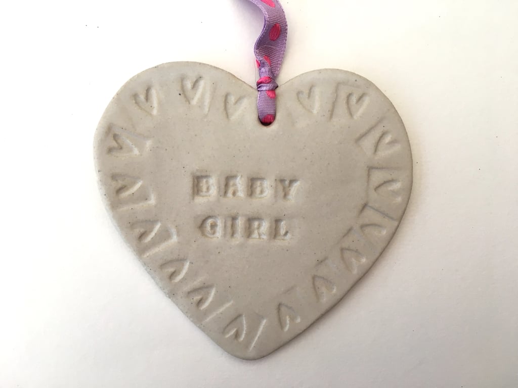Hand made 'Baby Girl' Loveheart hanger, ceramic lovehearts, gift idea, pottery