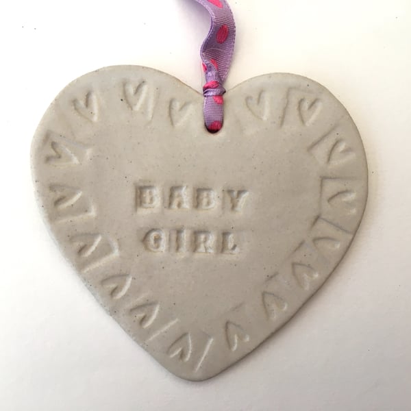 Hand made 'Baby Girl' Loveheart hanger, ceramic lovehearts, gift idea, pottery