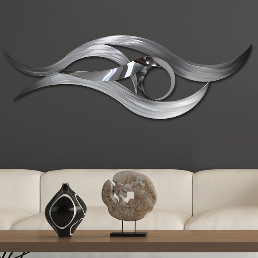 Modern Stainless Steel Wave Wall Sculpture with Polished Centre – Textured Metal