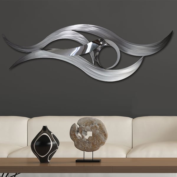 Modern Stainless Steel Wave Wall Sculpture with Polished Centre – Textured Metal