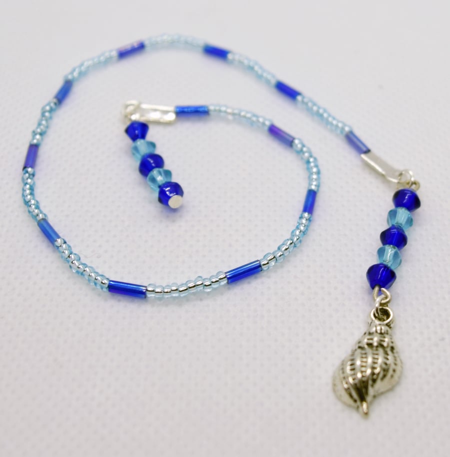 Shell Charm Blue and Pink Glass Seed and Bugle Bead Bookmark or Book Thong
