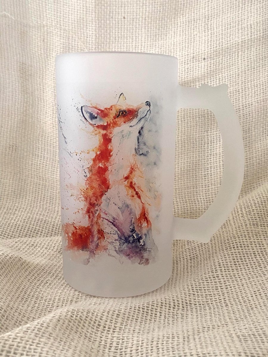 Fox Watercolour Frosted Glass Tankard, Beer Stein, 500ml Glass with Handle. 